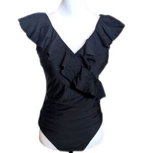 B deep v-neck ruffled one-piece swimsuit, ruched waist, black, size L